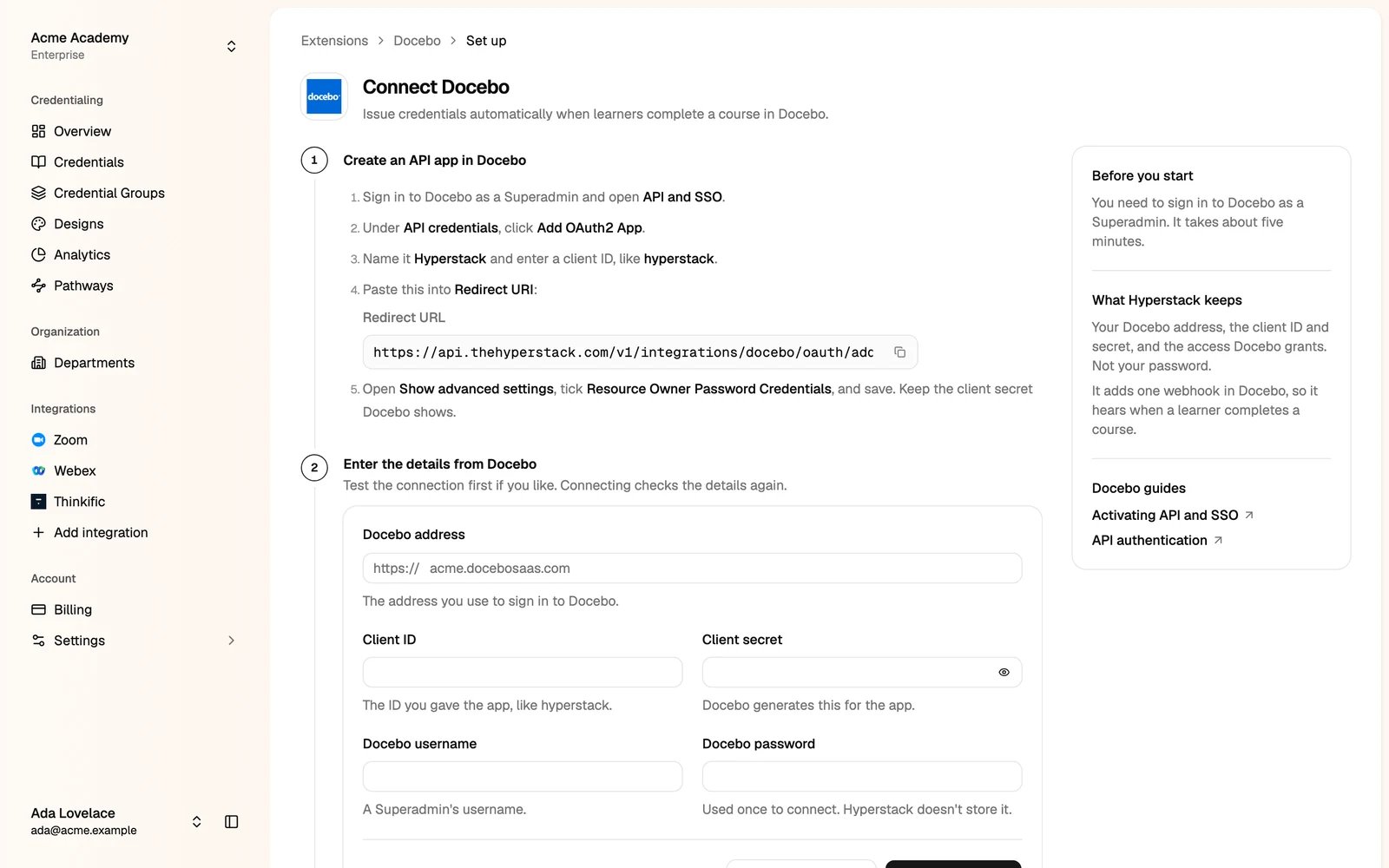 The Connect Docebo page with the steps and the connection form