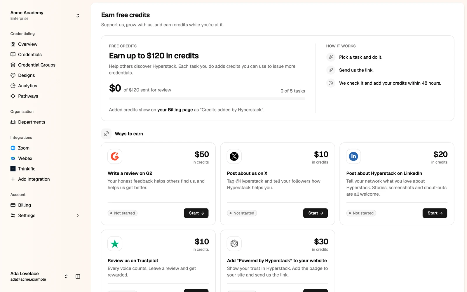 The Earn free credits page with five tasks