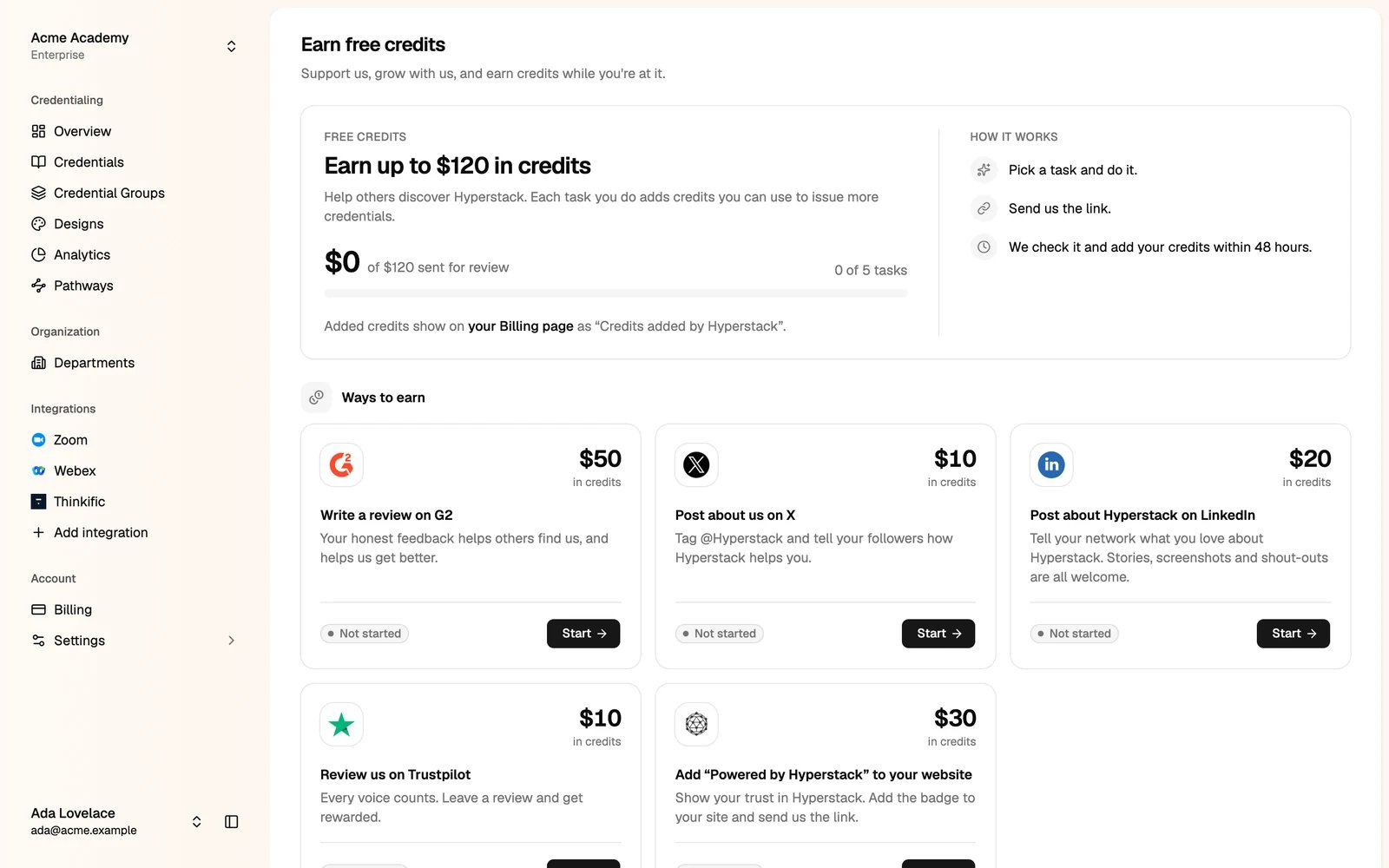 The Earn free credits page with five tasks