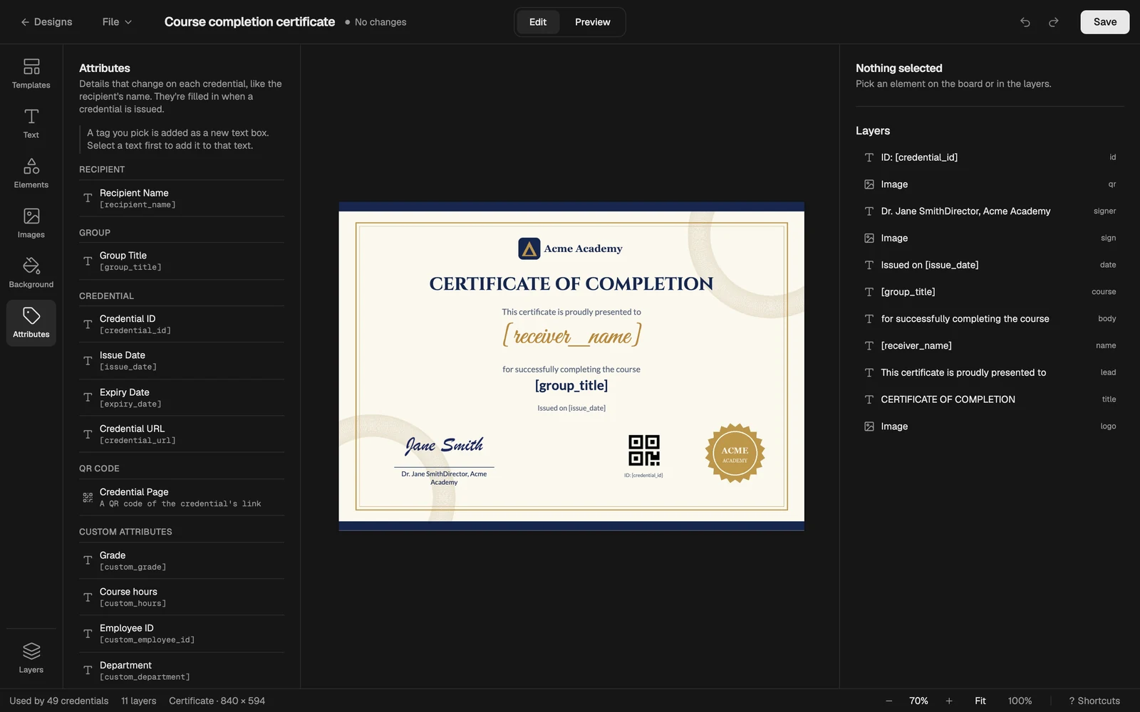 The Attributes panel with recipient, group, credential, QR code and custom attributes