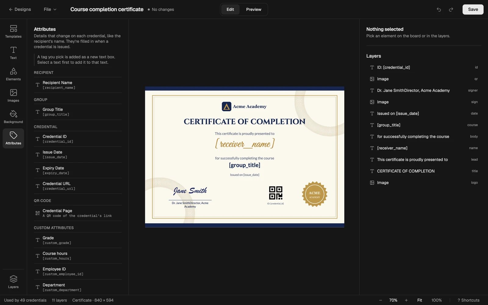 The Attributes panel with recipient, group, credential, QR code and custom attributes