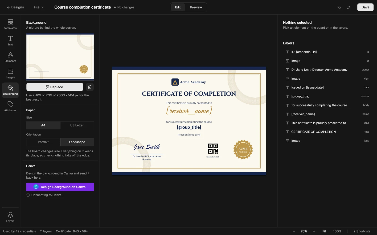 The Background panel with upload, Canva and paper settings