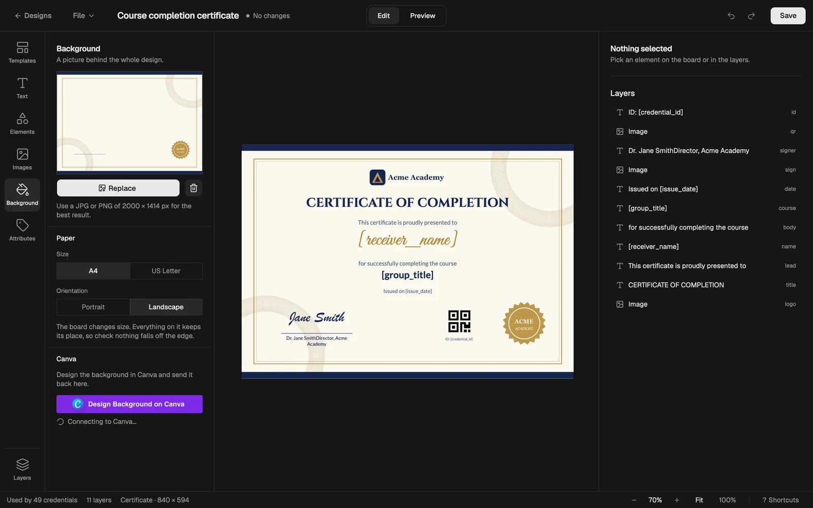 The Background panel with upload, Canva and paper settings