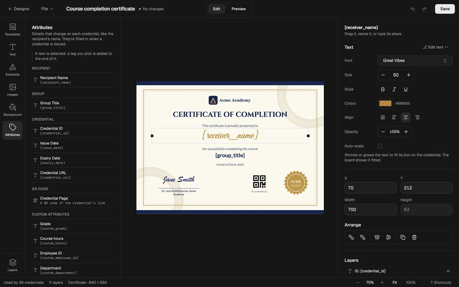 A selected text with the text inspector open