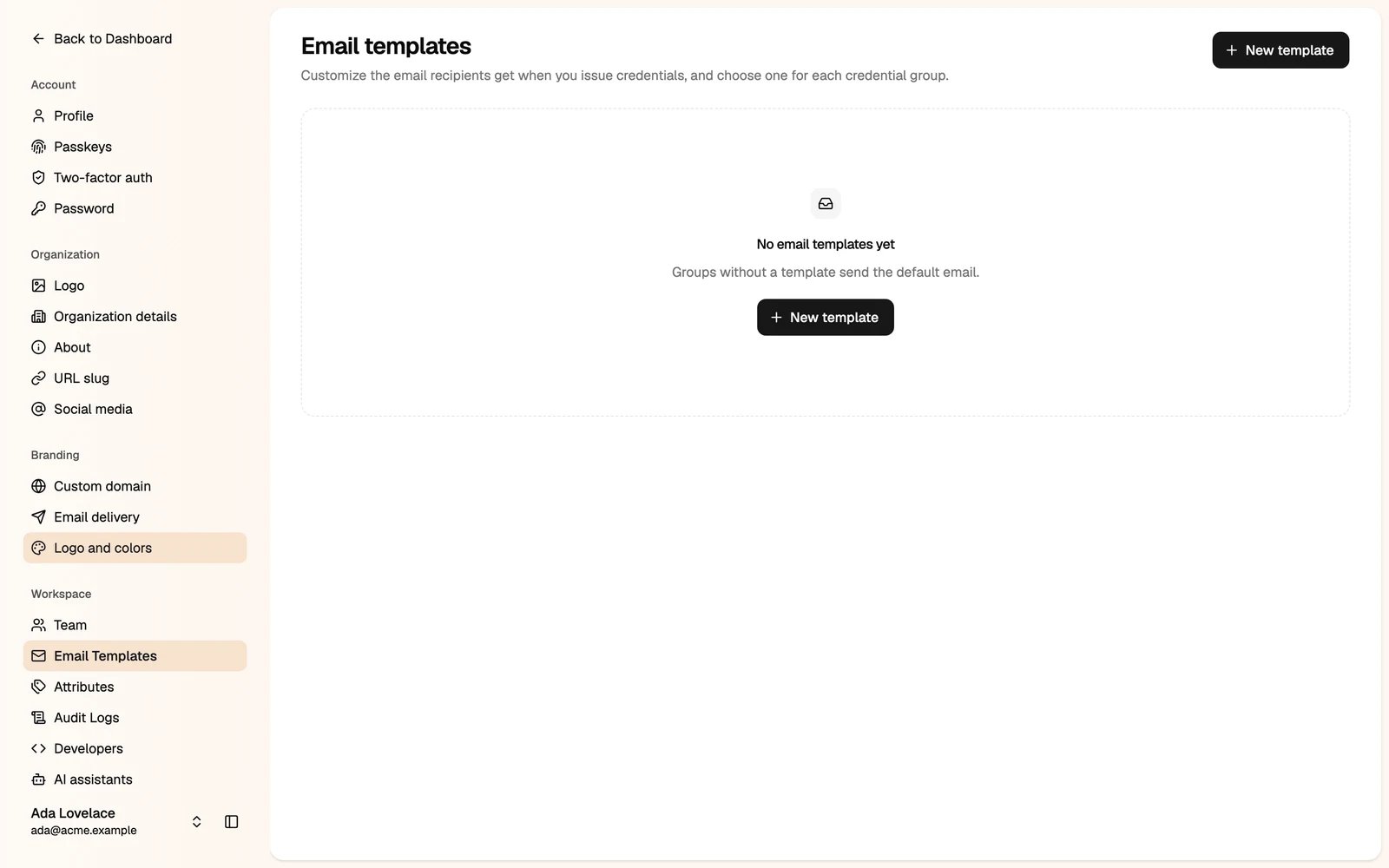 The Email templates page