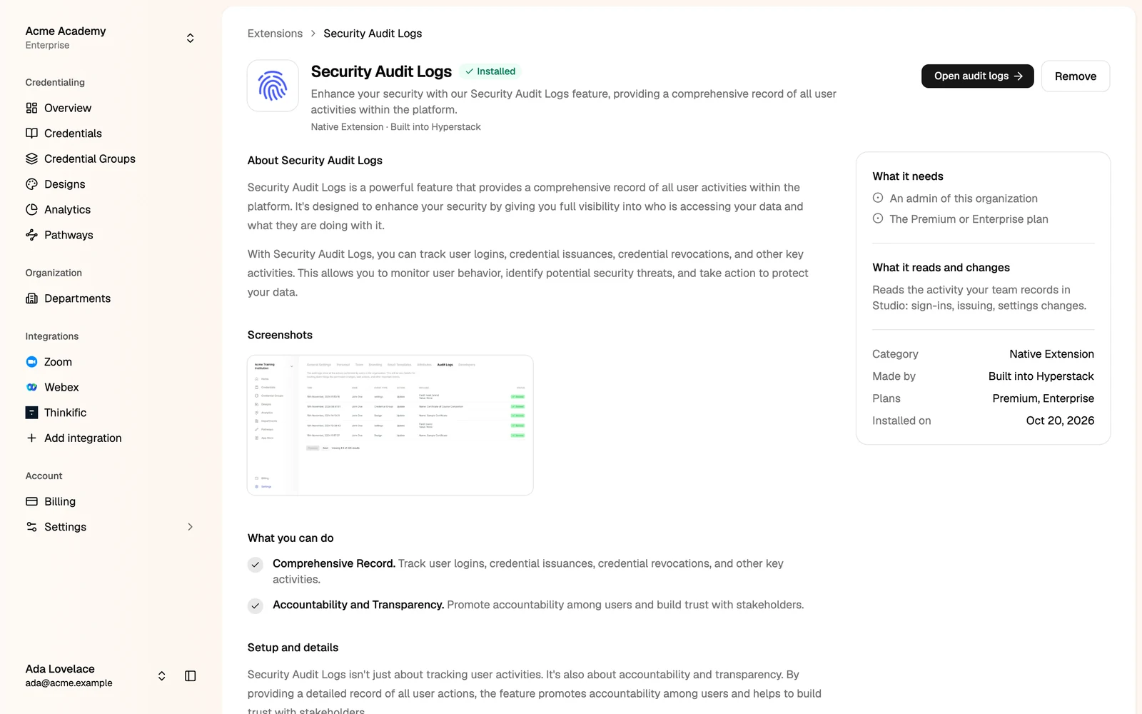 The Security Audit Logs extension page