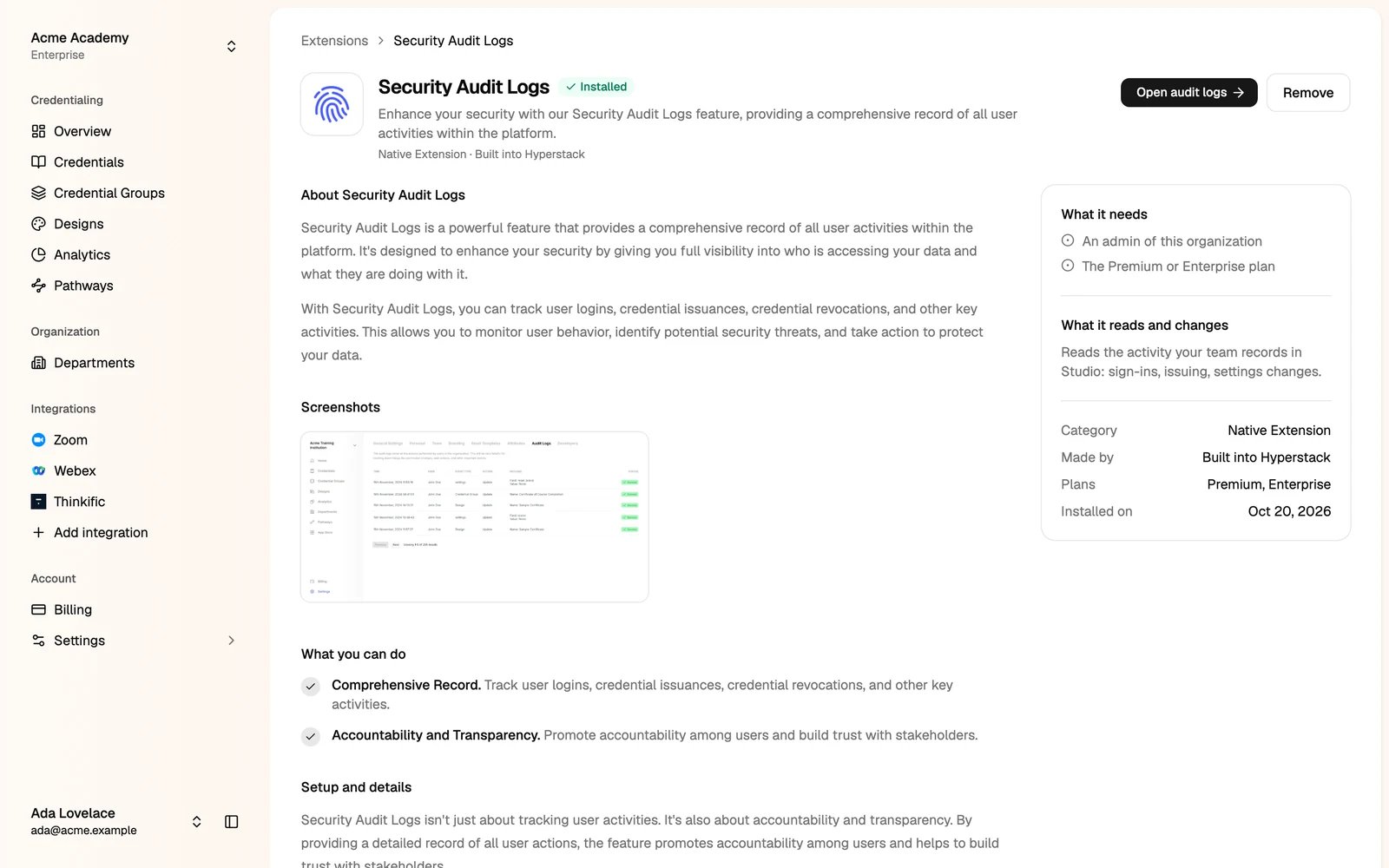 The Security Audit Logs extension page
