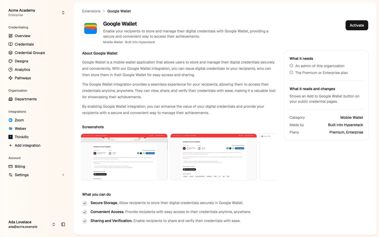 The Google Wallet extension page