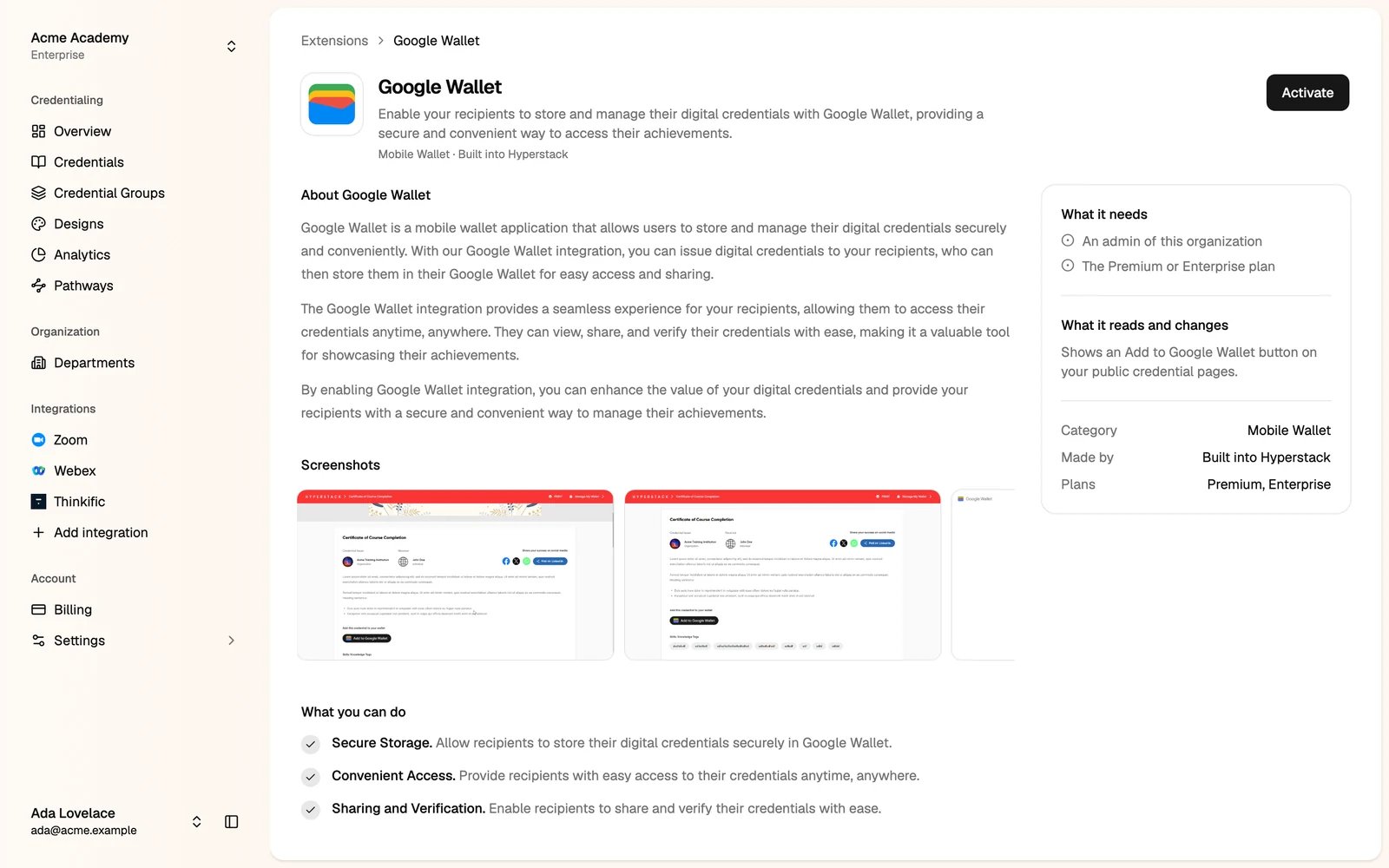 The Google Wallet extension page