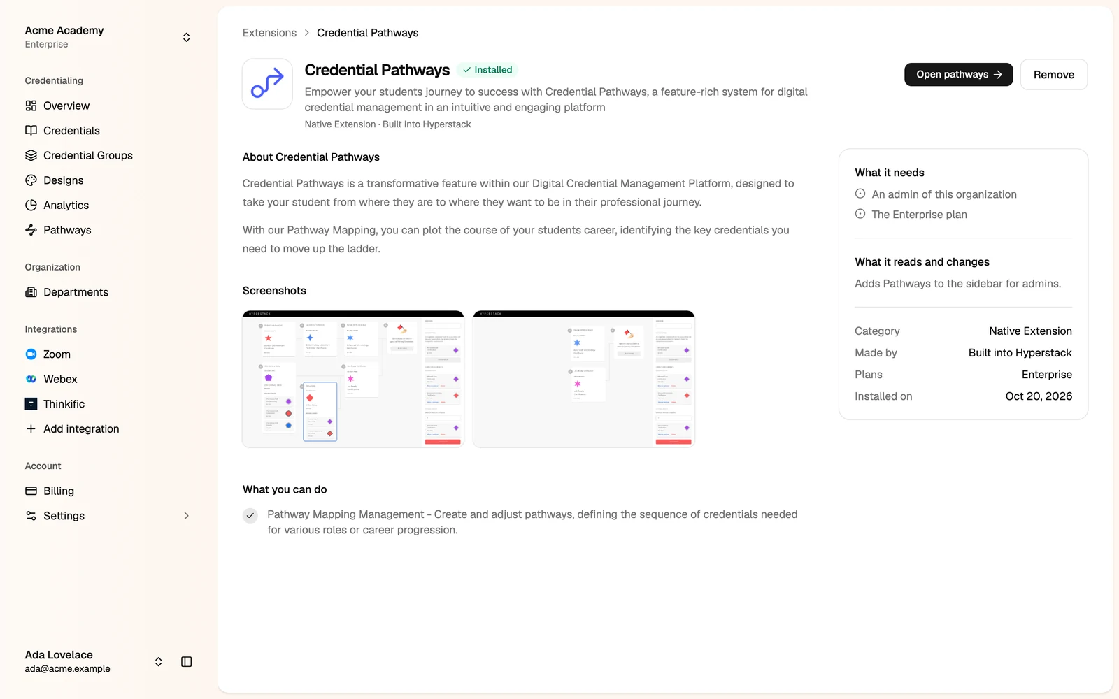 The Credential Pathways extension page
