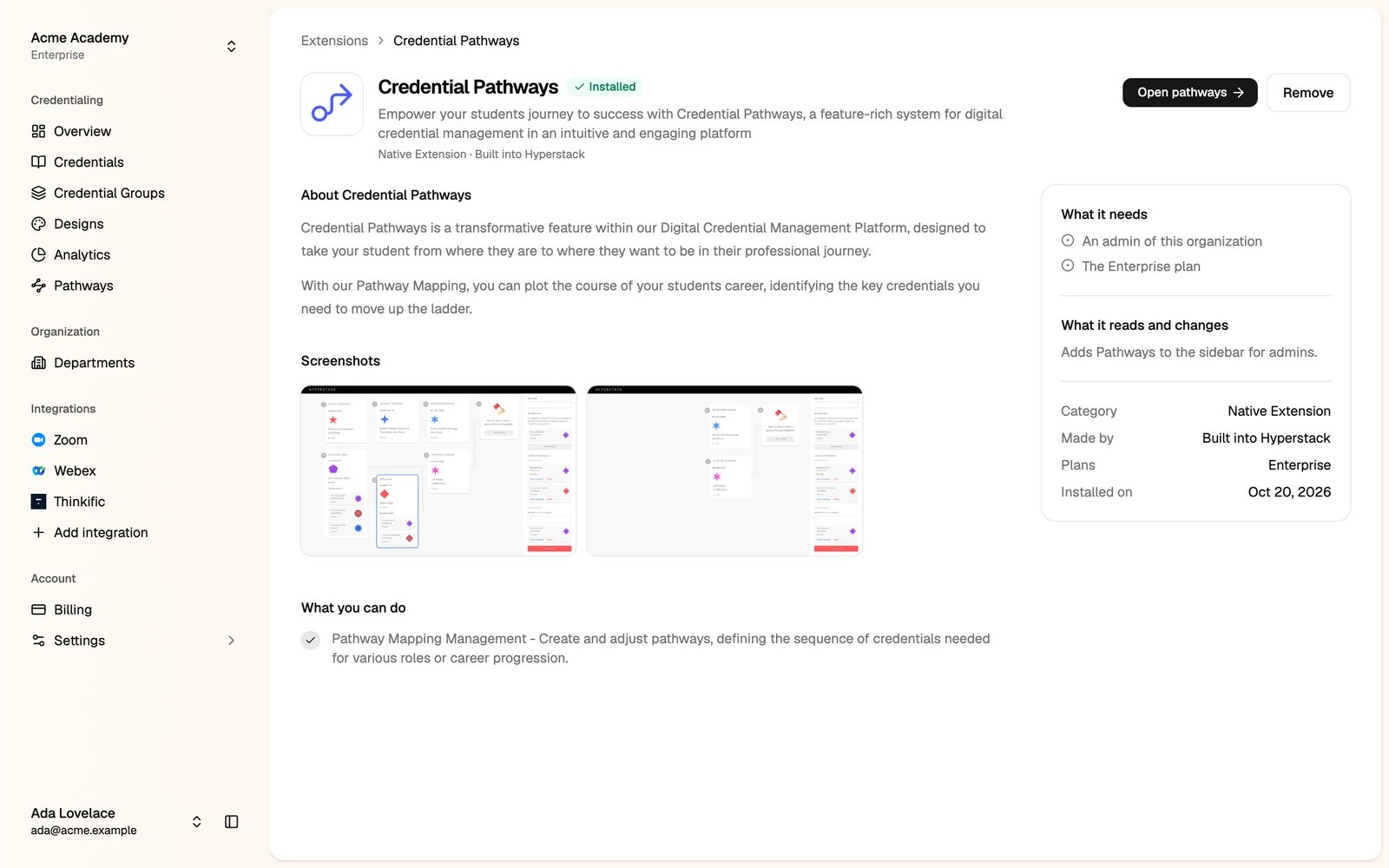 The Credential Pathways extension page
