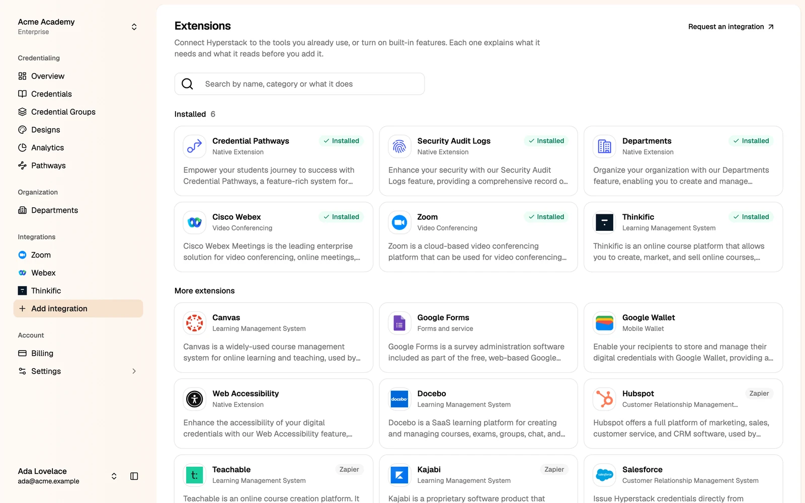The Extensions page