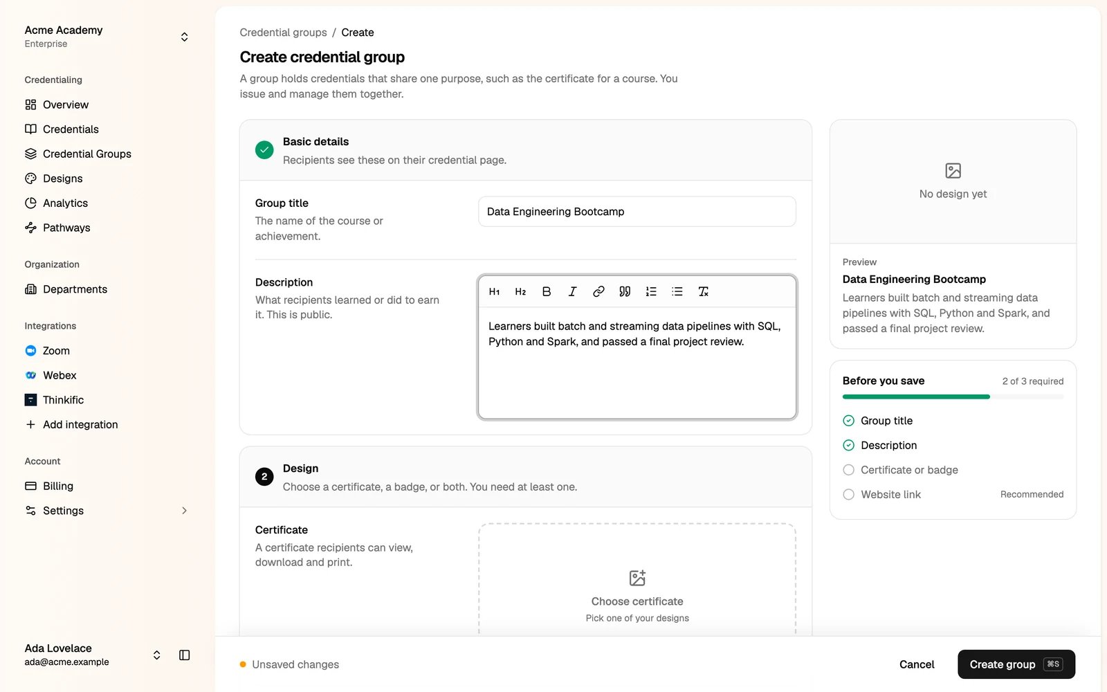 The Create credential group page with the group title and description filled in