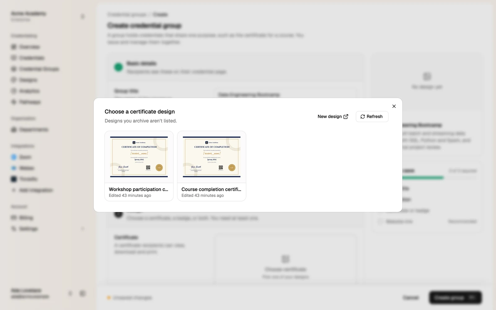 The Choose a certificate design dialog