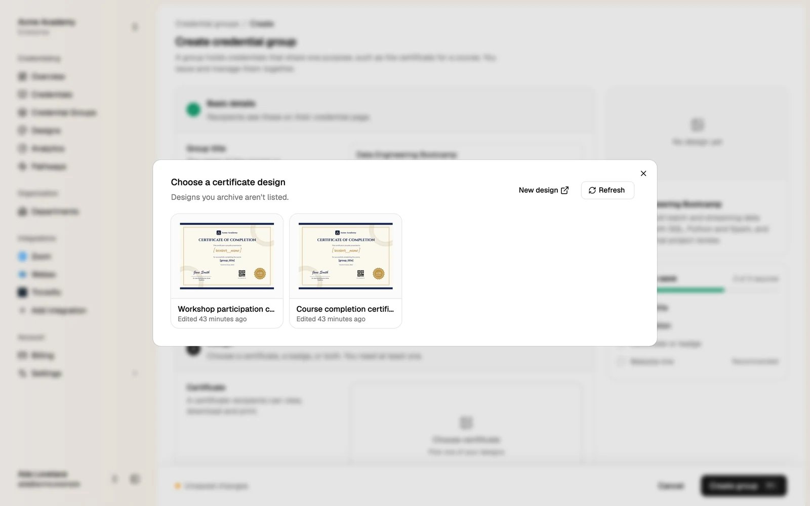 The Choose a certificate design dialog