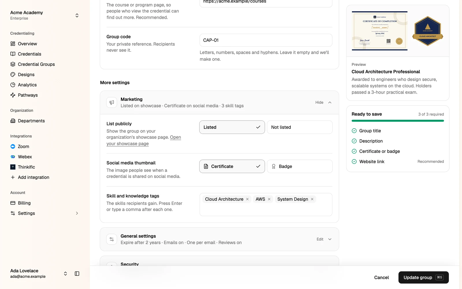 The Marketing settings