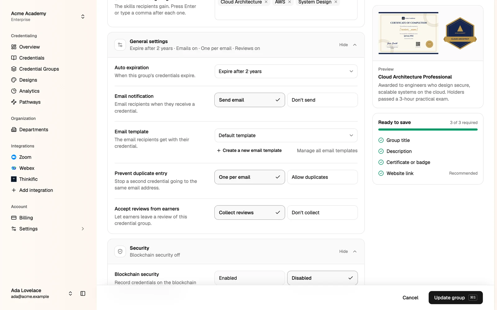 The Security settings