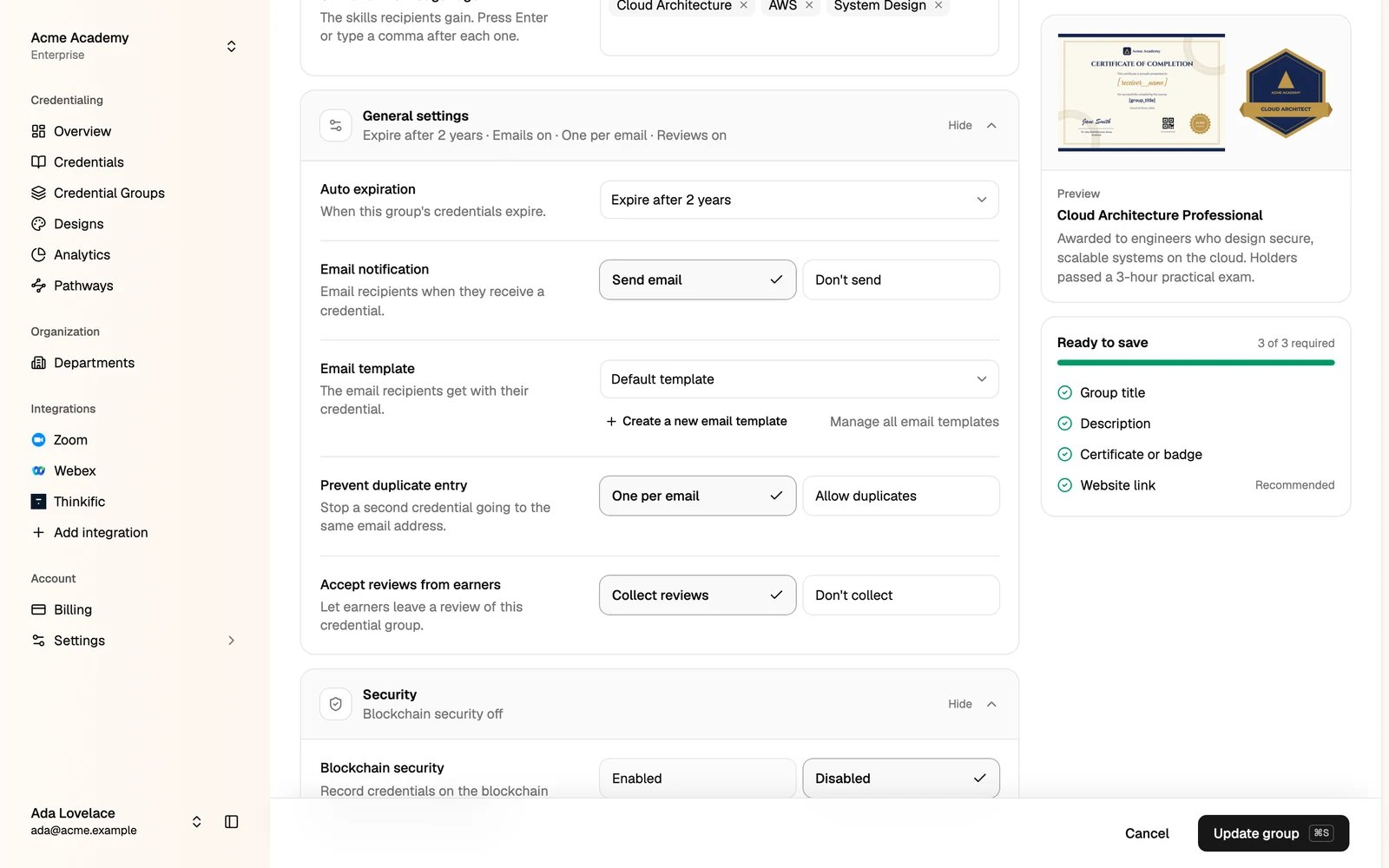The Security settings
