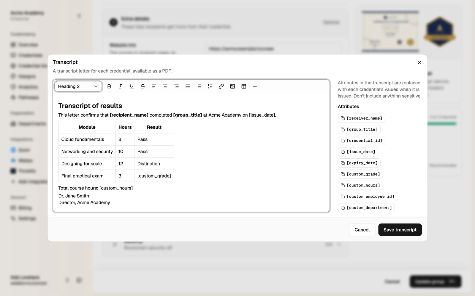 The transcript editor with a table of modules, hours and results