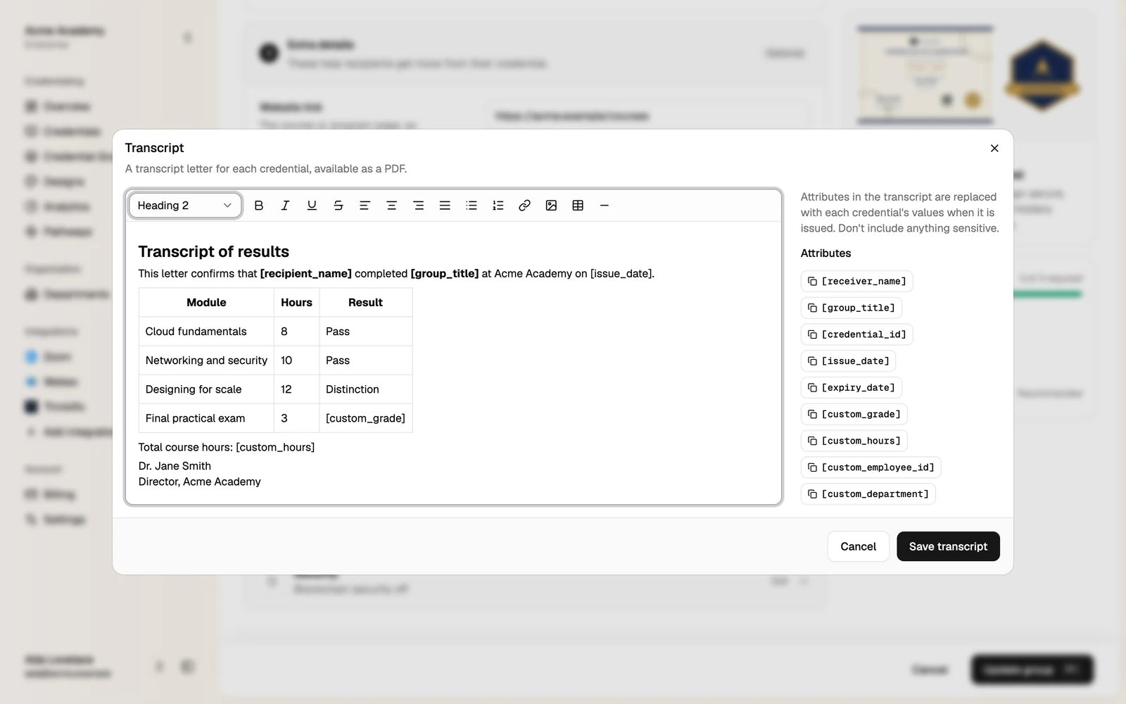 The transcript editor with a table of modules, hours and results