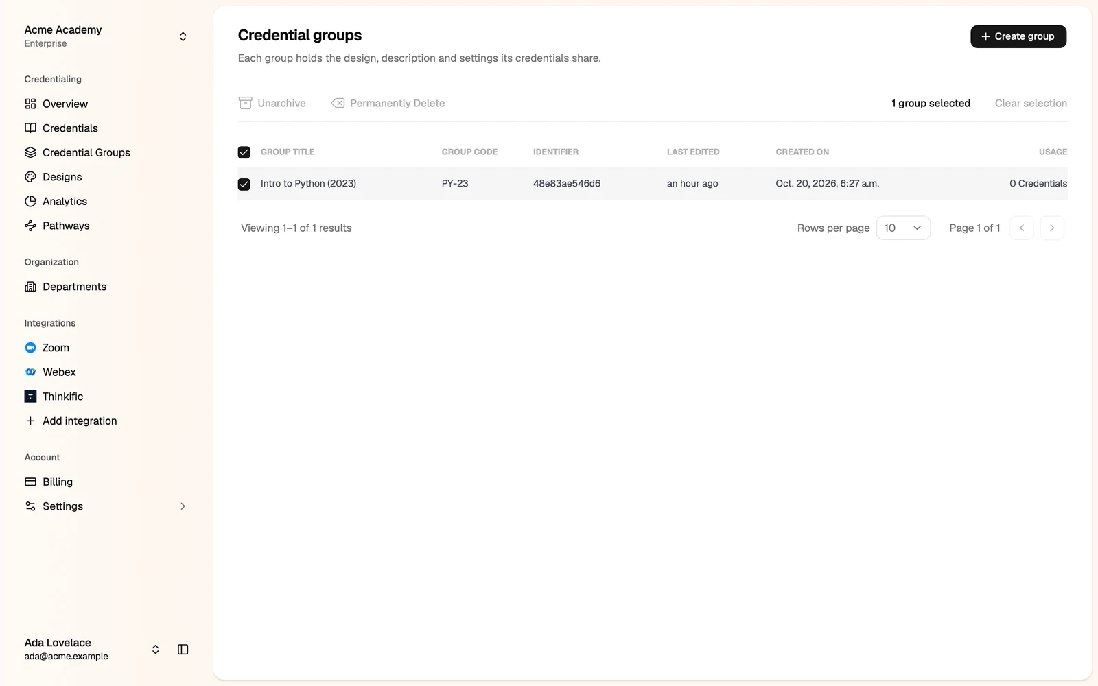 An archived group with Unarchive in the bar