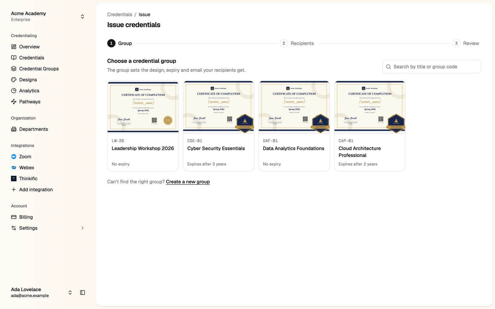 Step 1: choose a credential group