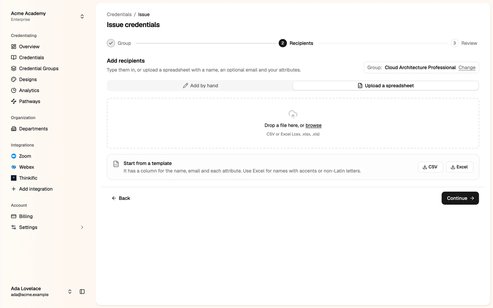 The Upload a spreadsheet tab with the file drop area and template downloads