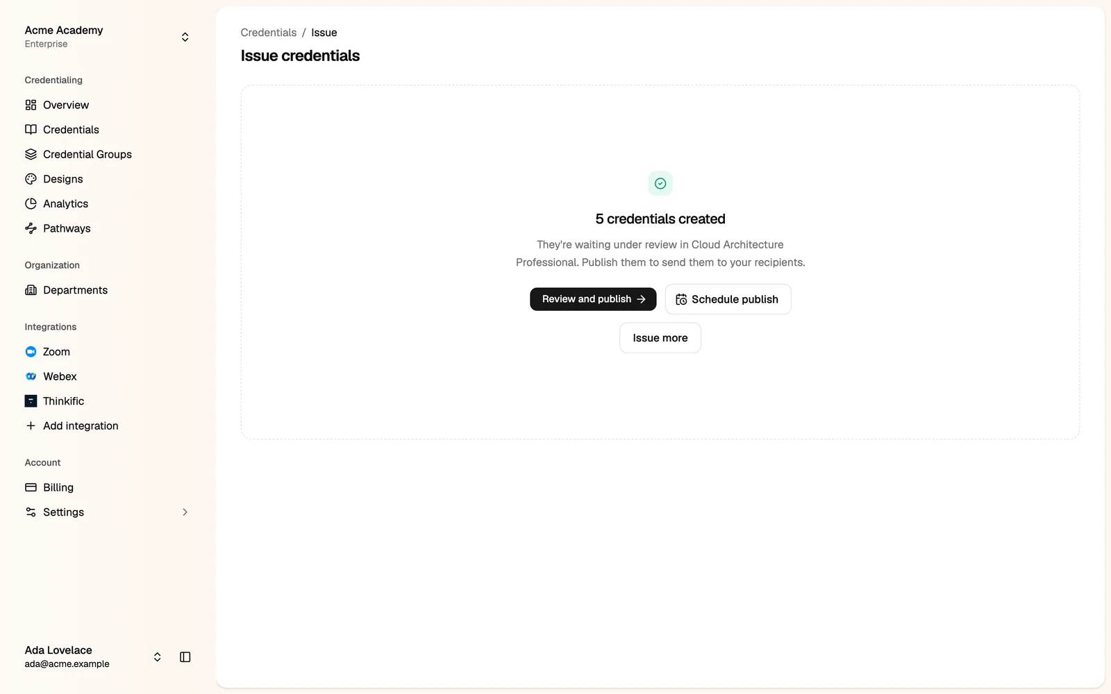 Credentials created, with Review and publish, Schedule publish and Issue more