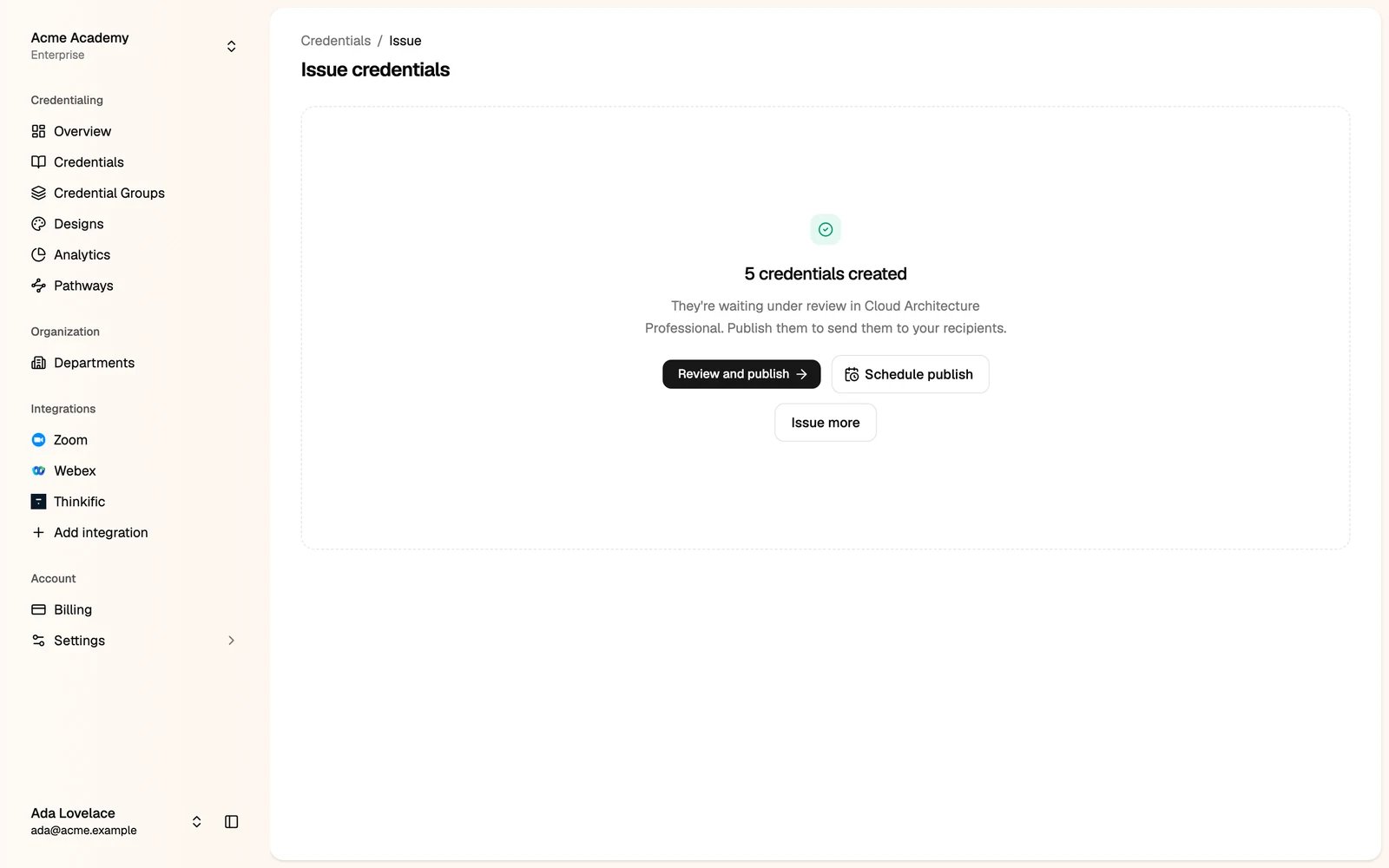 Credentials created, with Review and publish, Schedule publish and Issue more