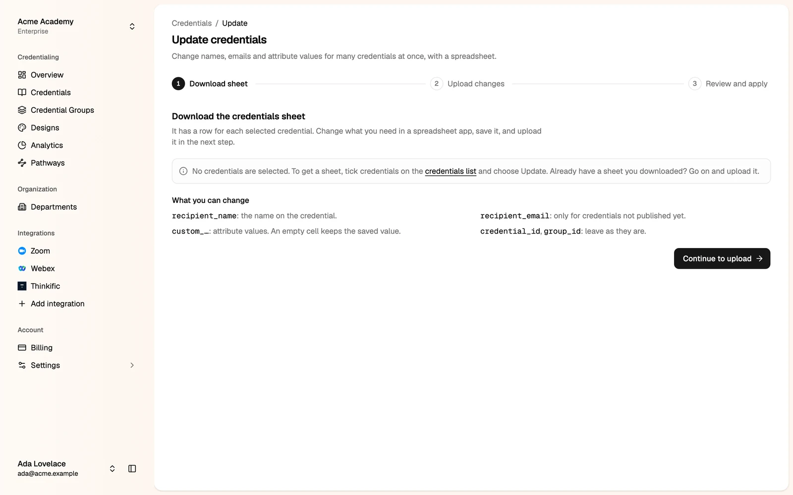 Update credentials, step 1: download the sheet