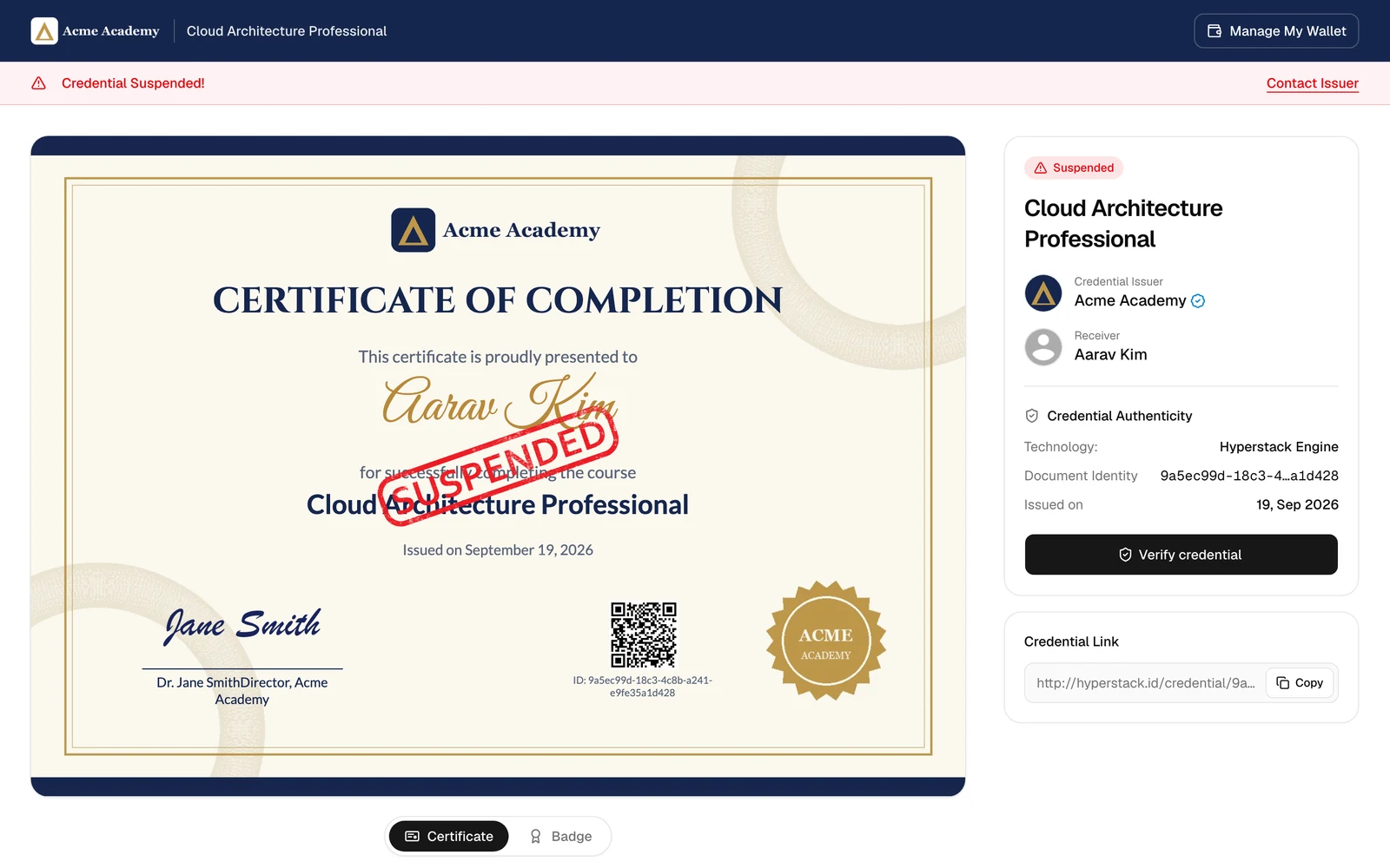 A suspended credential with a Credential Suspended notice