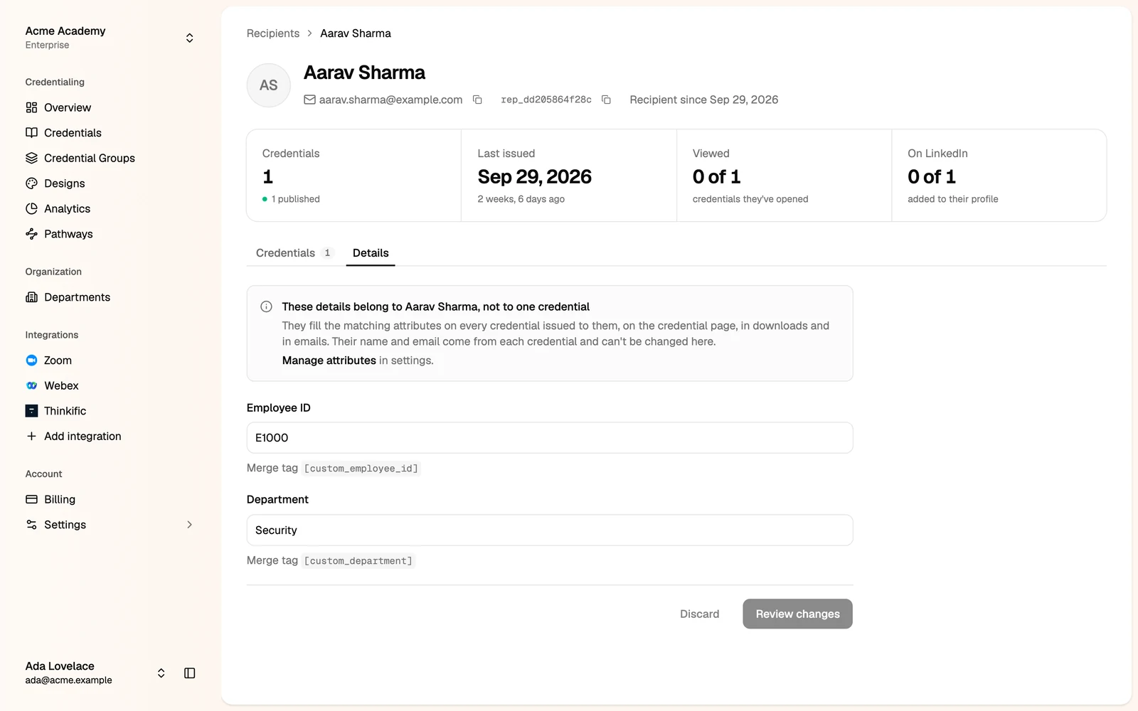 The Details tab with the recipient's employee ID and department