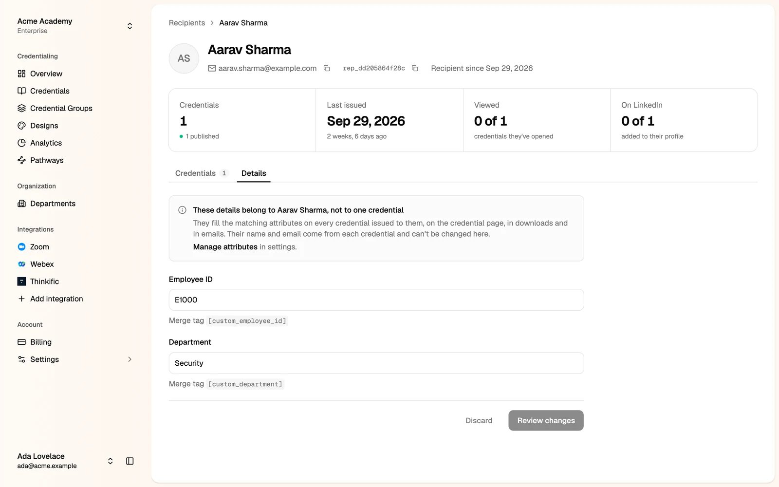 The Details tab with the recipient's employee ID and department