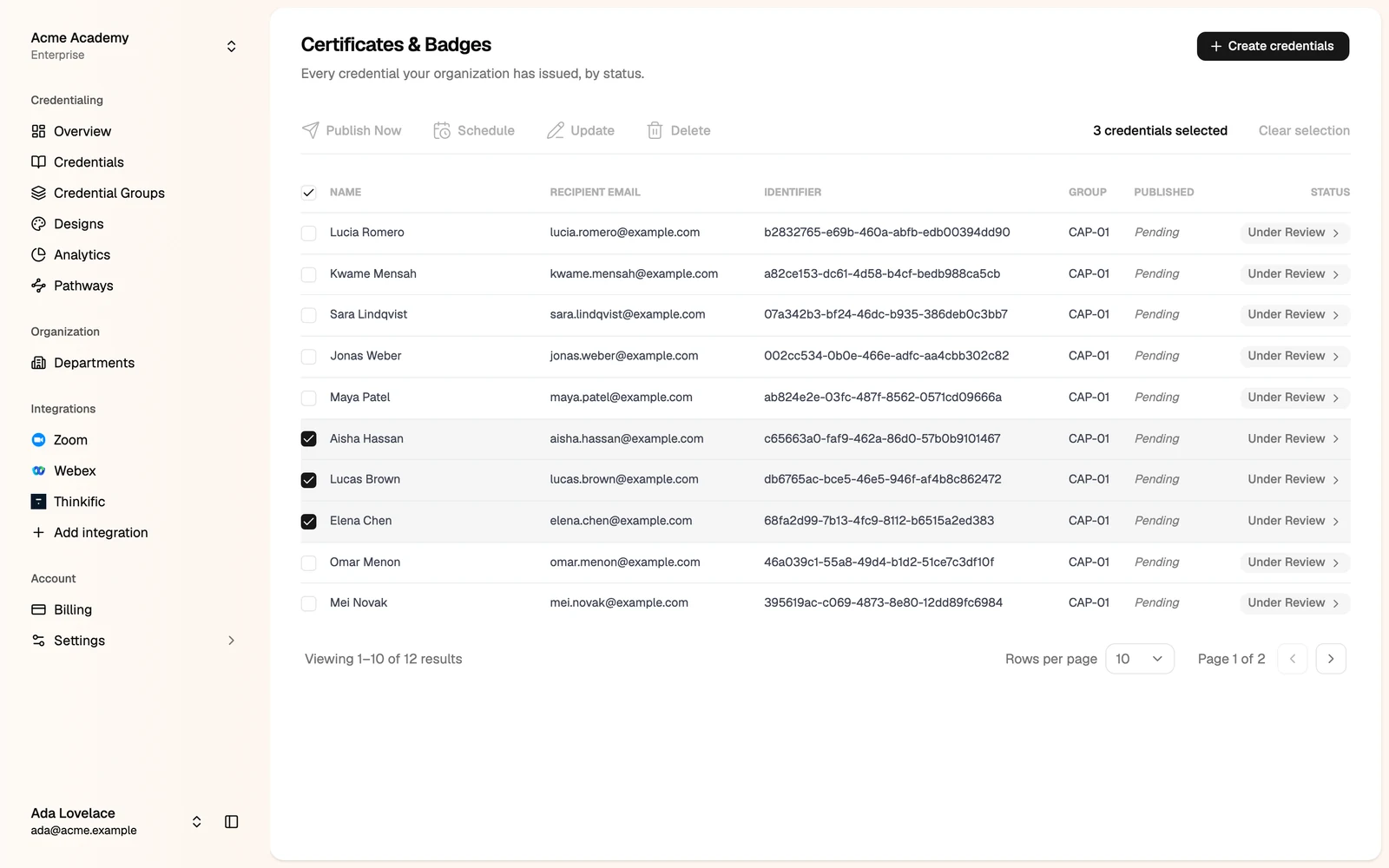 Selected credentials with Publish Now, Schedule, Update and Delete
