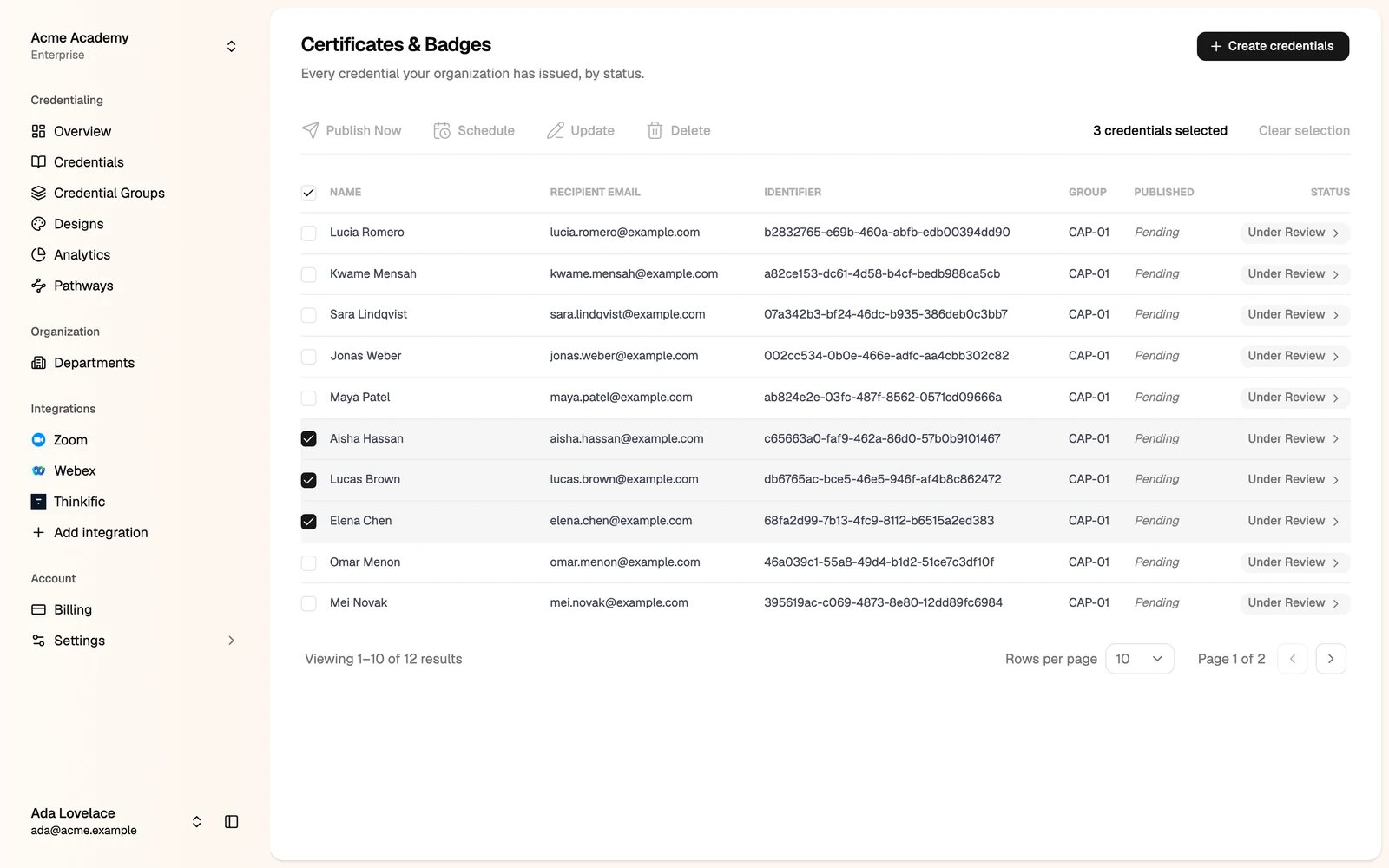 Selected credentials with Publish Now, Schedule, Update and Delete