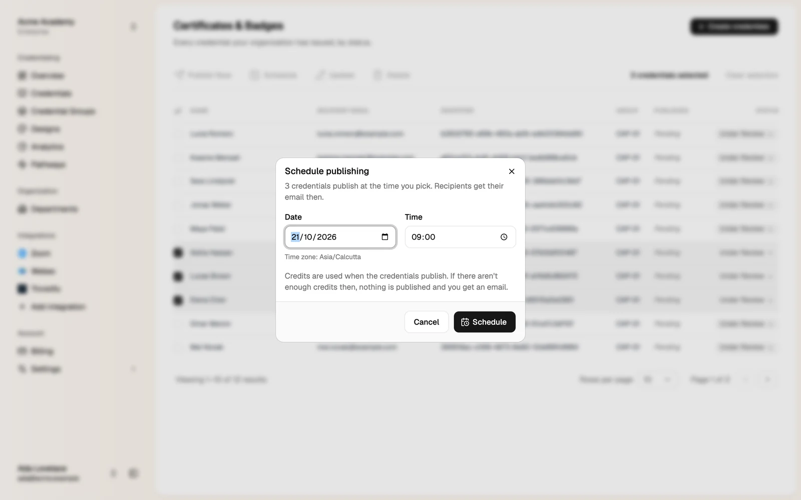 The Schedule publishing dialog with date and time