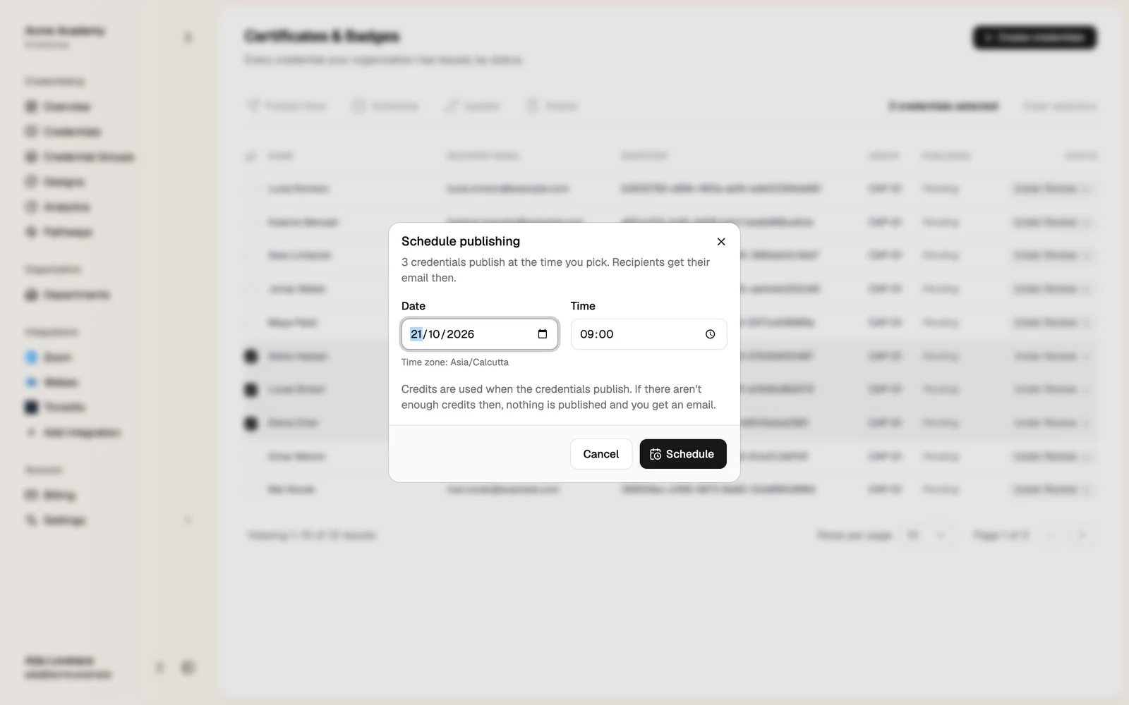The Schedule publishing dialog with date and time