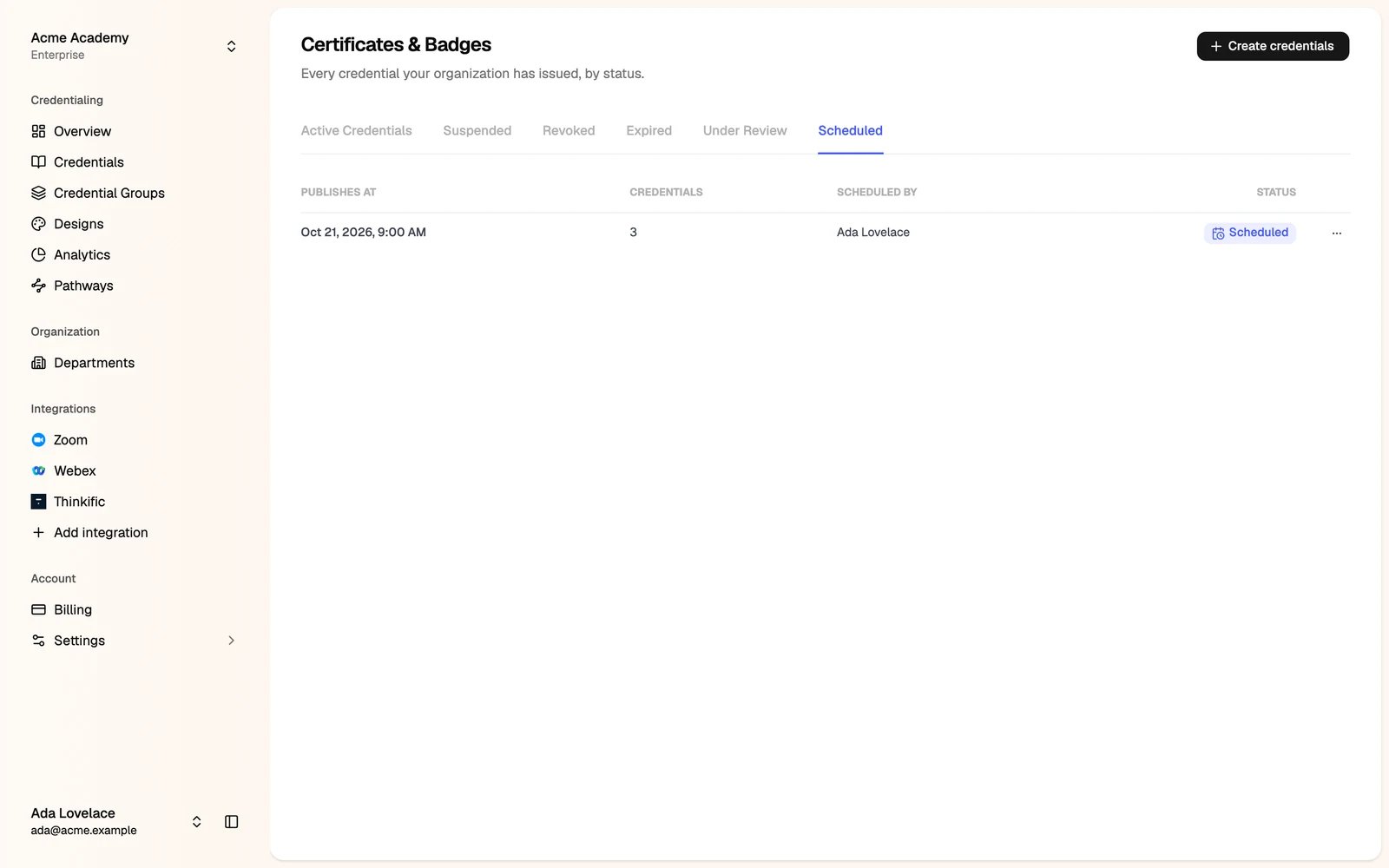 The Scheduled tab