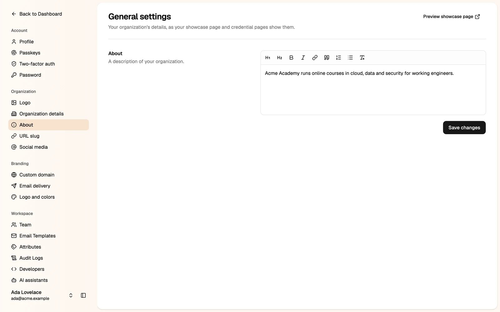 The About section with a text editor