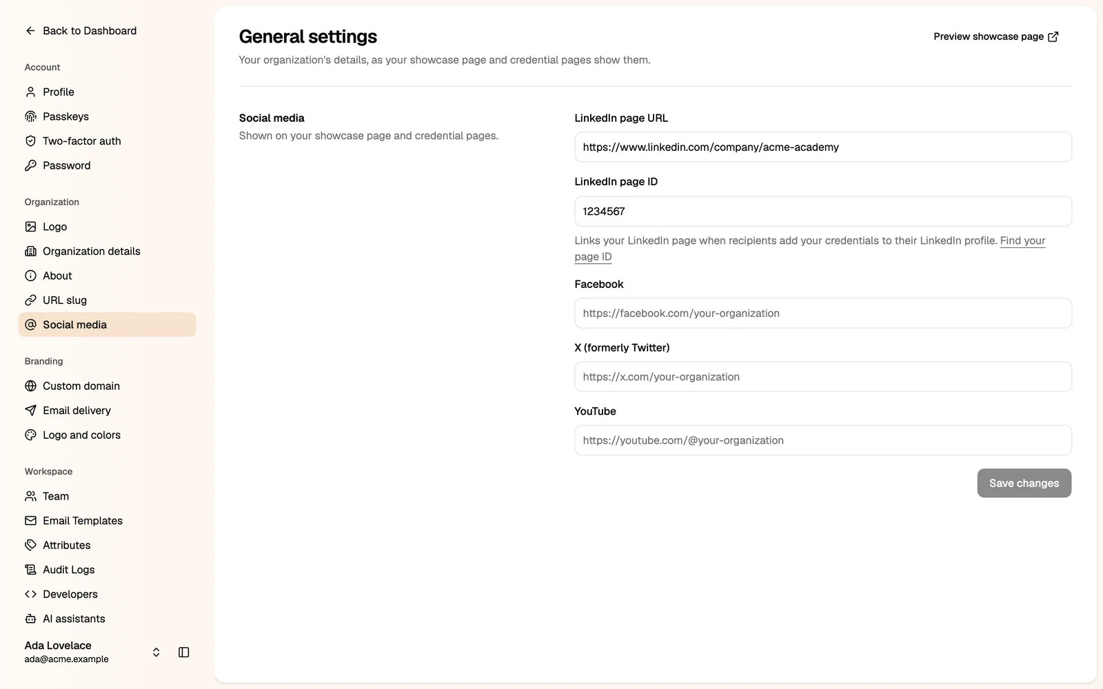 The Social media section with LinkedIn page URL and LinkedIn page ID