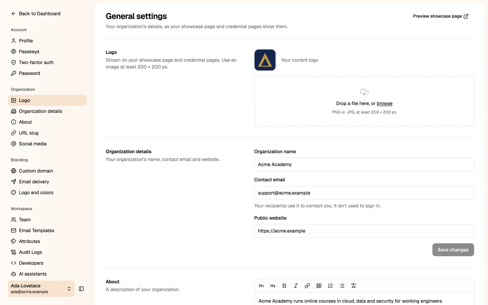 General settings with the Logo upload and the Organization details form
