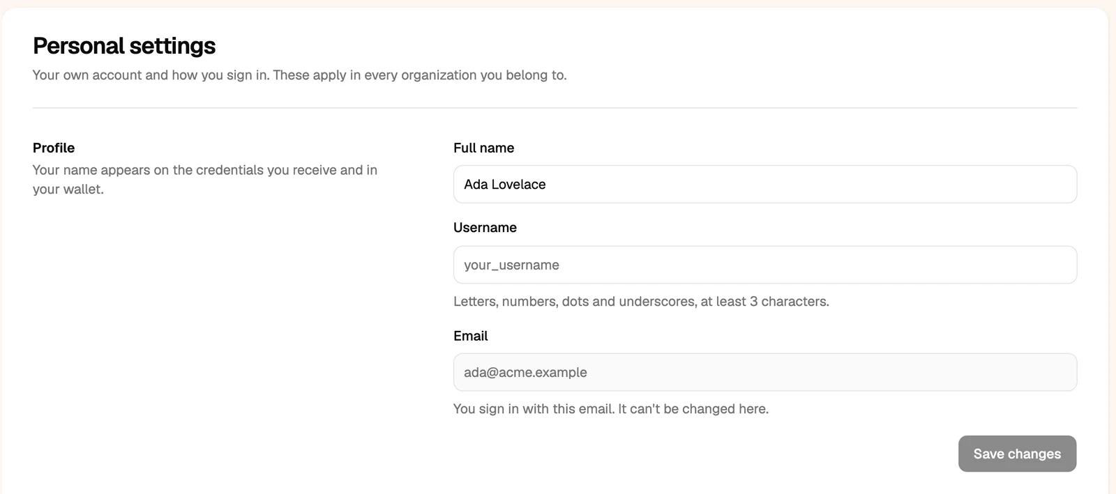 Personal settings with the Profile section