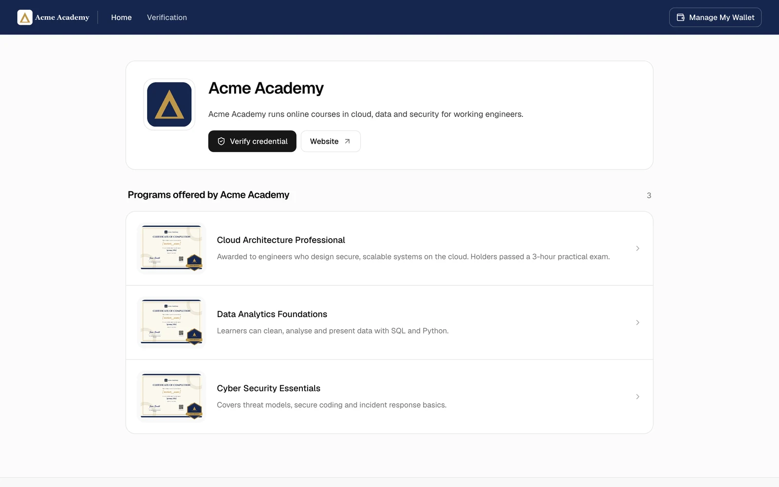 The Acme Academy showcase page with three programs listed