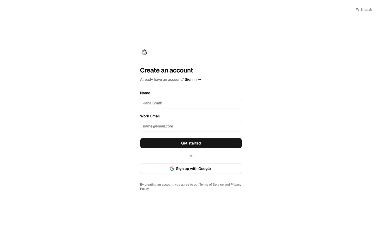 The Create an account page with Name and Work Email fields and a Sign up with Google button