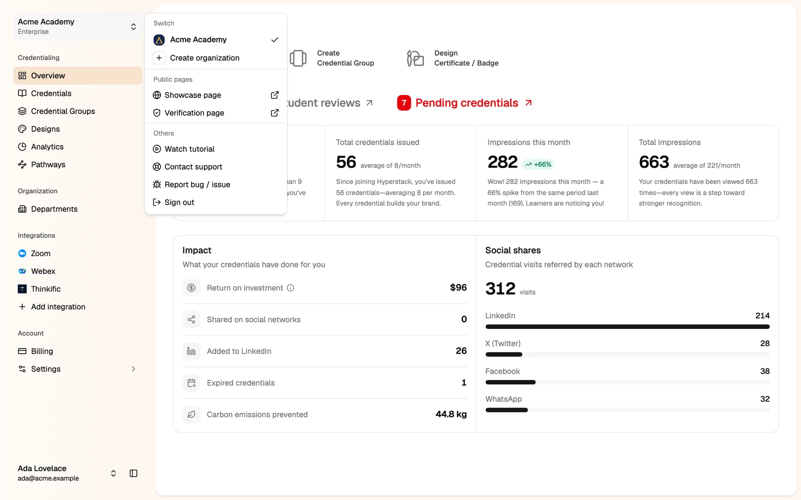 The organization menu with Switch, Create organization, Public pages and Others