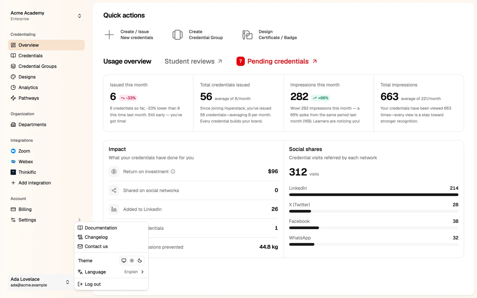The user menu with Documentation, Changelog, Contact us, Theme, Language and Log out