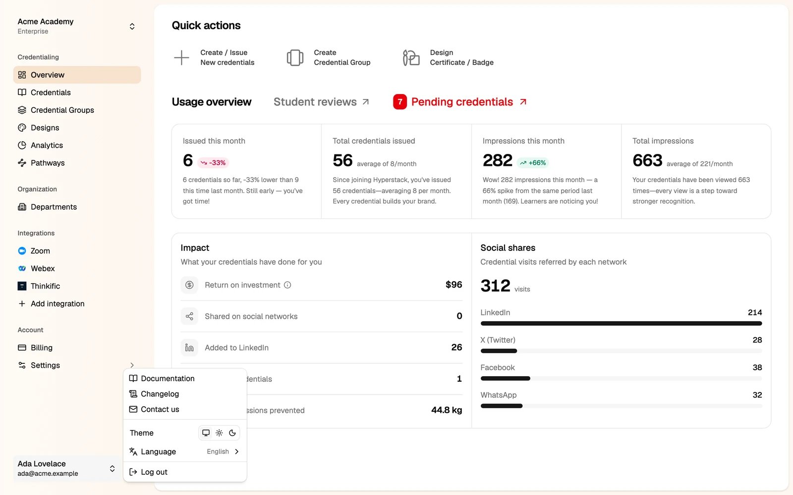 The user menu with Documentation, Changelog, Contact us, Theme, Language and Log out