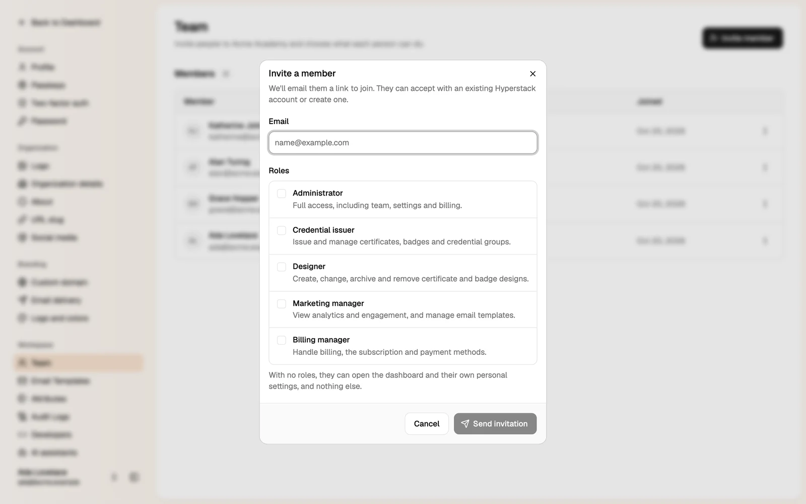 The Invite a member dialog with the email and the five roles