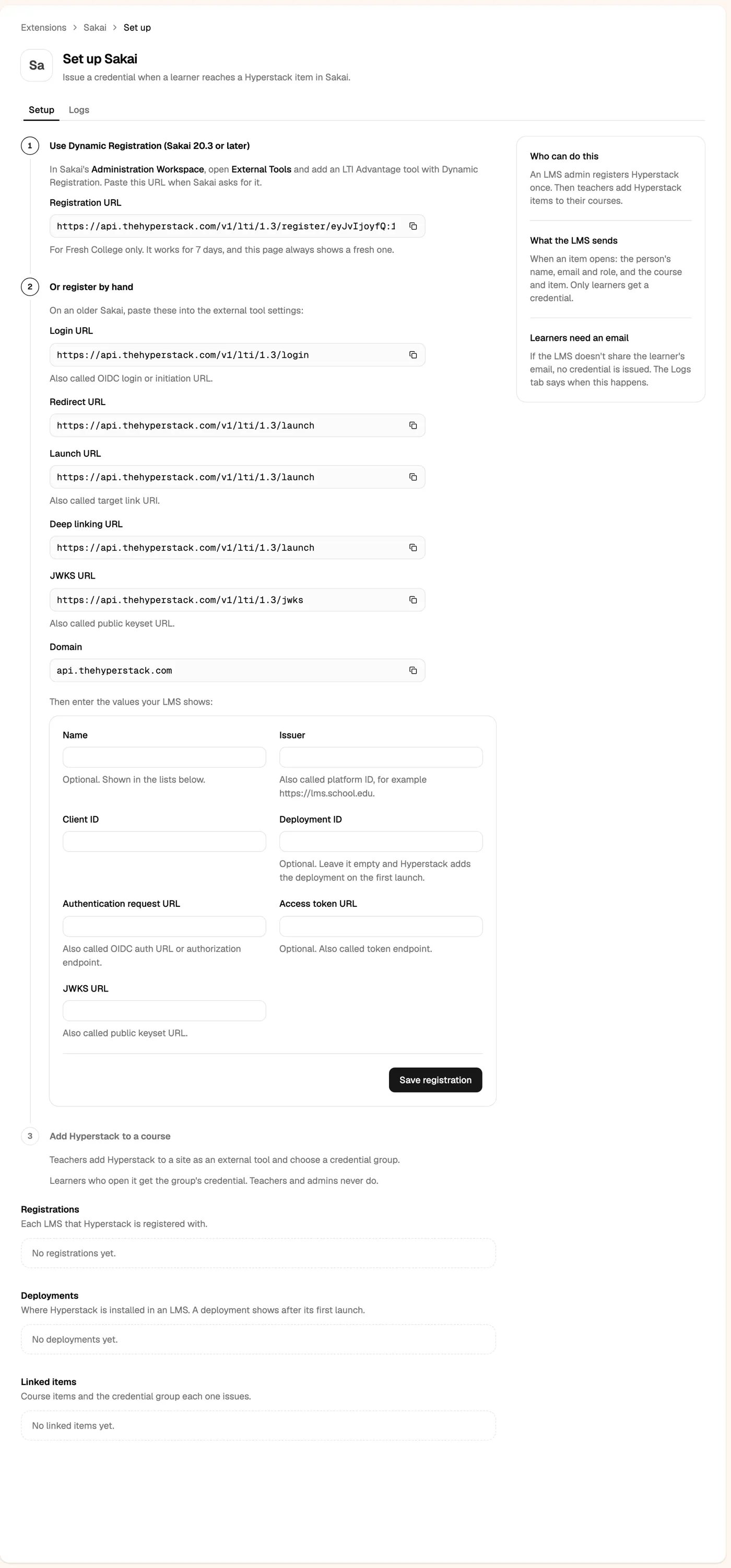 The Set up Sakai page in Hyperstack with the registration URL and the manual form