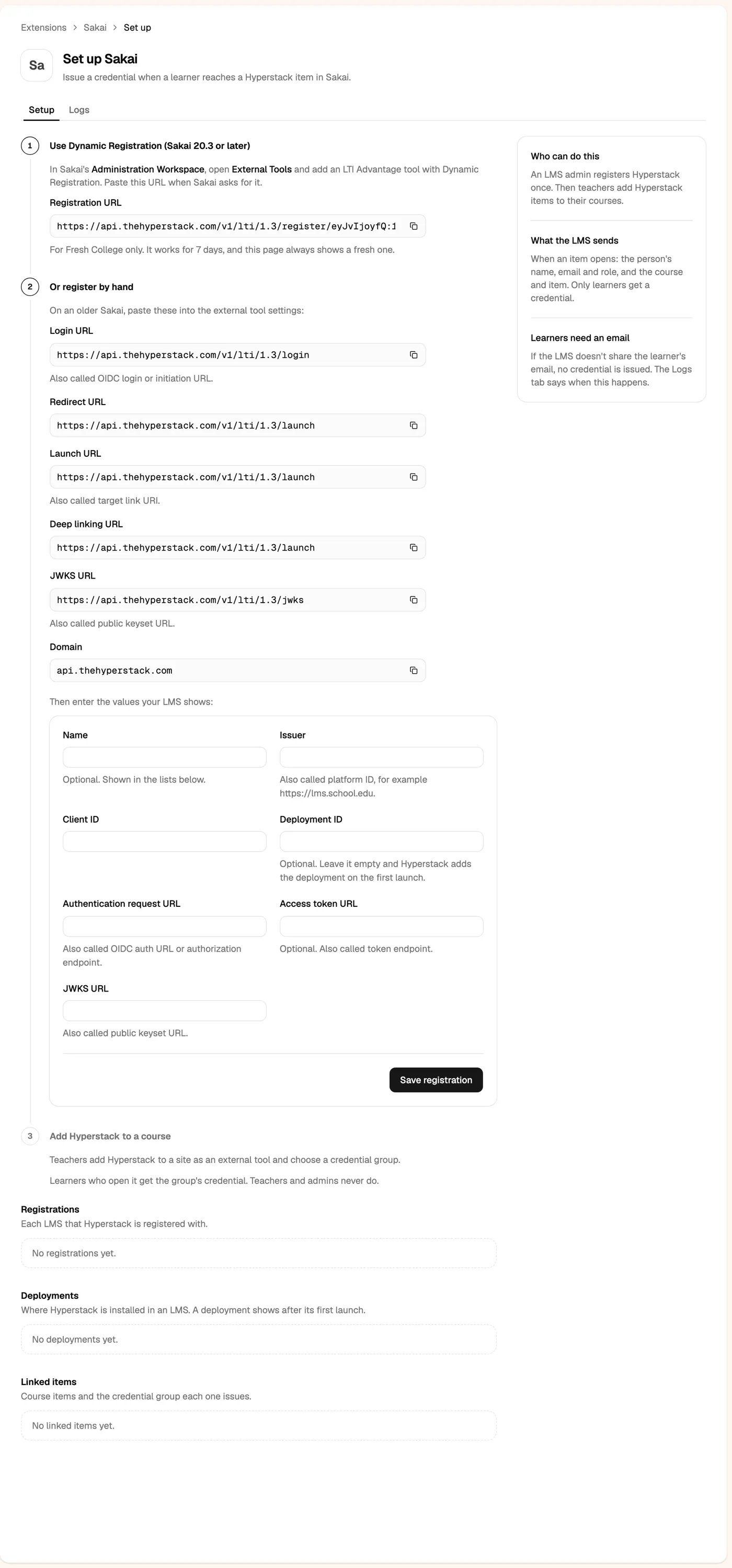 The Set up Sakai page in Hyperstack with the registration URL and the manual form